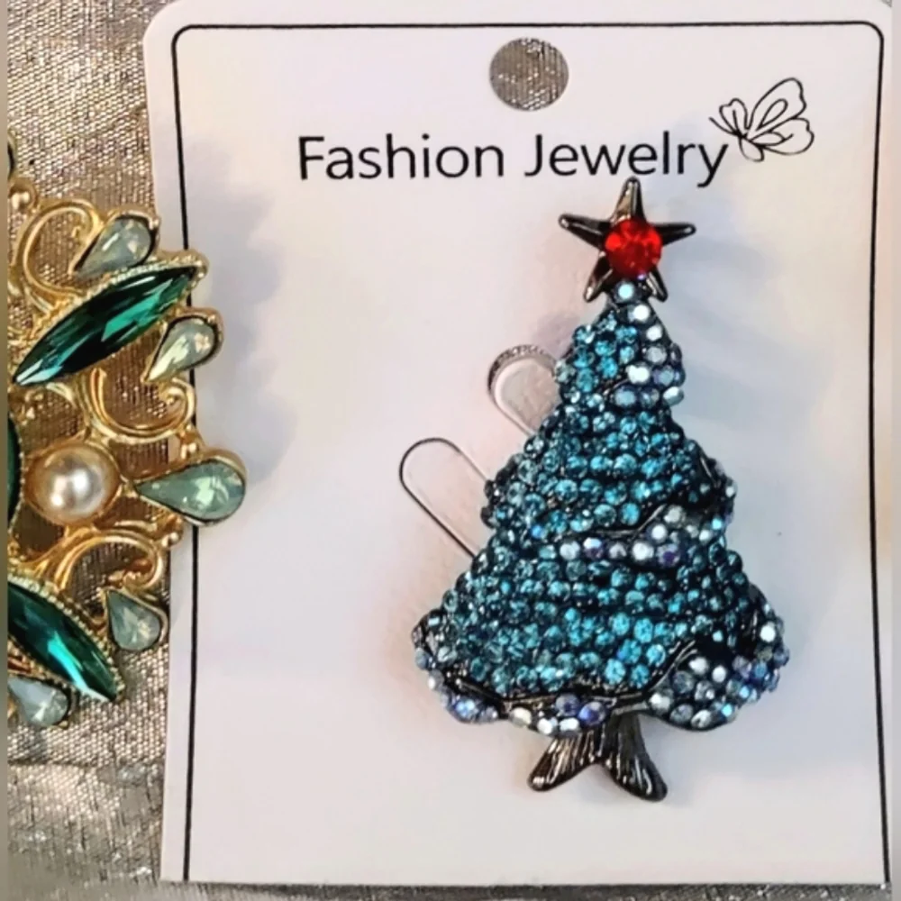 Blue Rhinestone Christmas Tree Brooch Red Star Topper